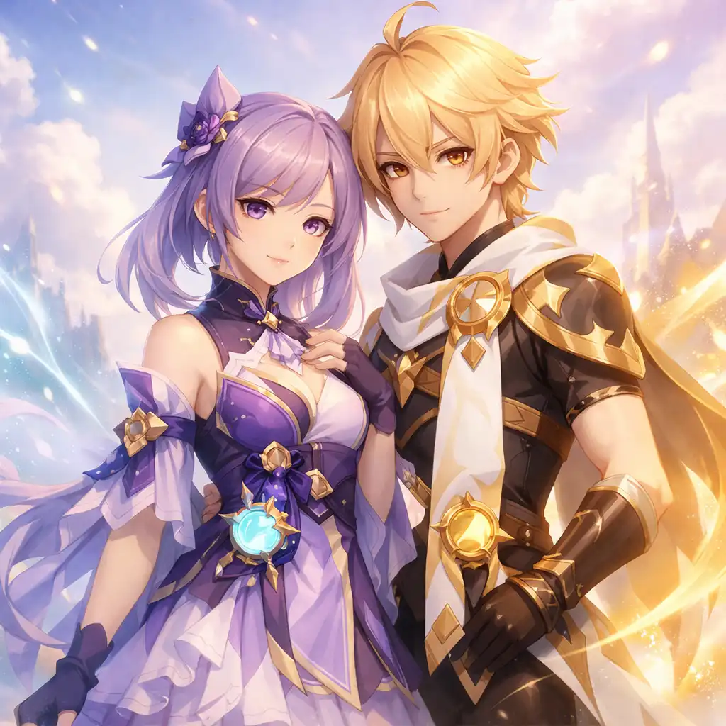 Anime postavy v elegantní póze na světlém fantastickém pozadí
