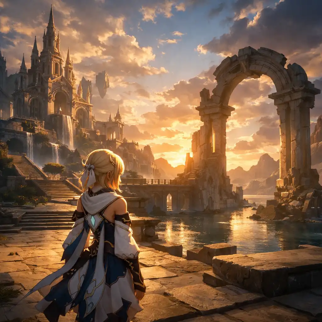 Postava před monumentální fantasy architekturou v příběhové scéně