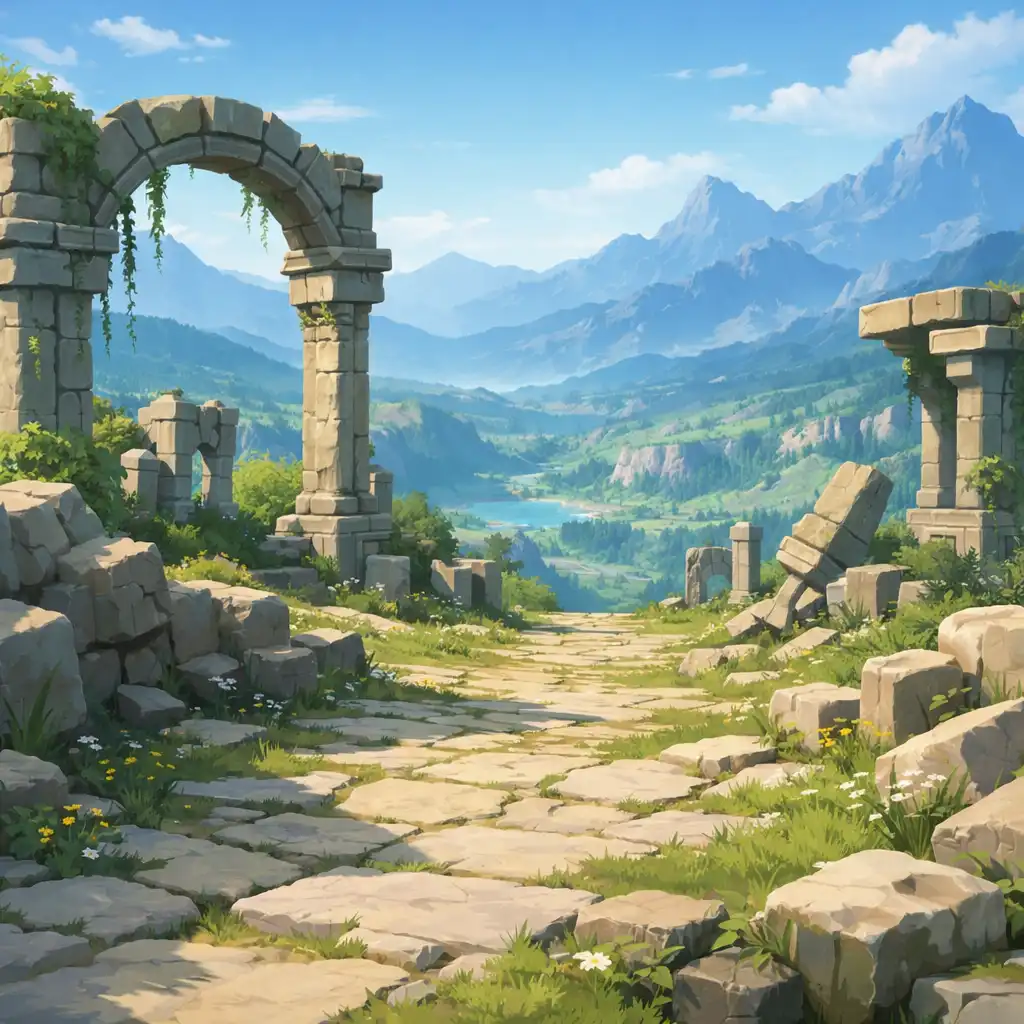 Cesta kolem starobylých ruin vede do zeleného fantasy údolí